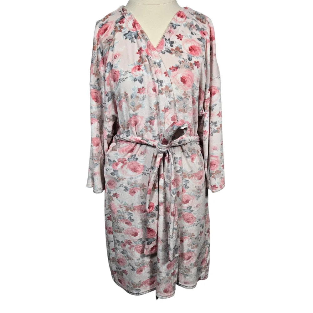 Flora Nikrooz Pink White Floral Butter Soft Fleece Robe Size Large